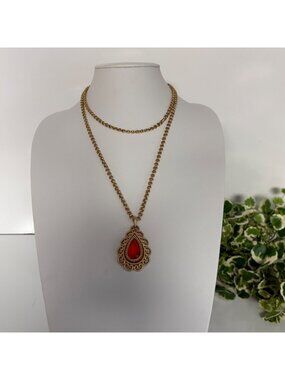 Long Gold Tone Necklace Orange Teardrop Pendant Ornate Filigree Design Jewelry
